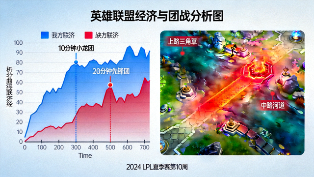 大屏上显示的英雄联盟经济曲线与团战热力分布分析图